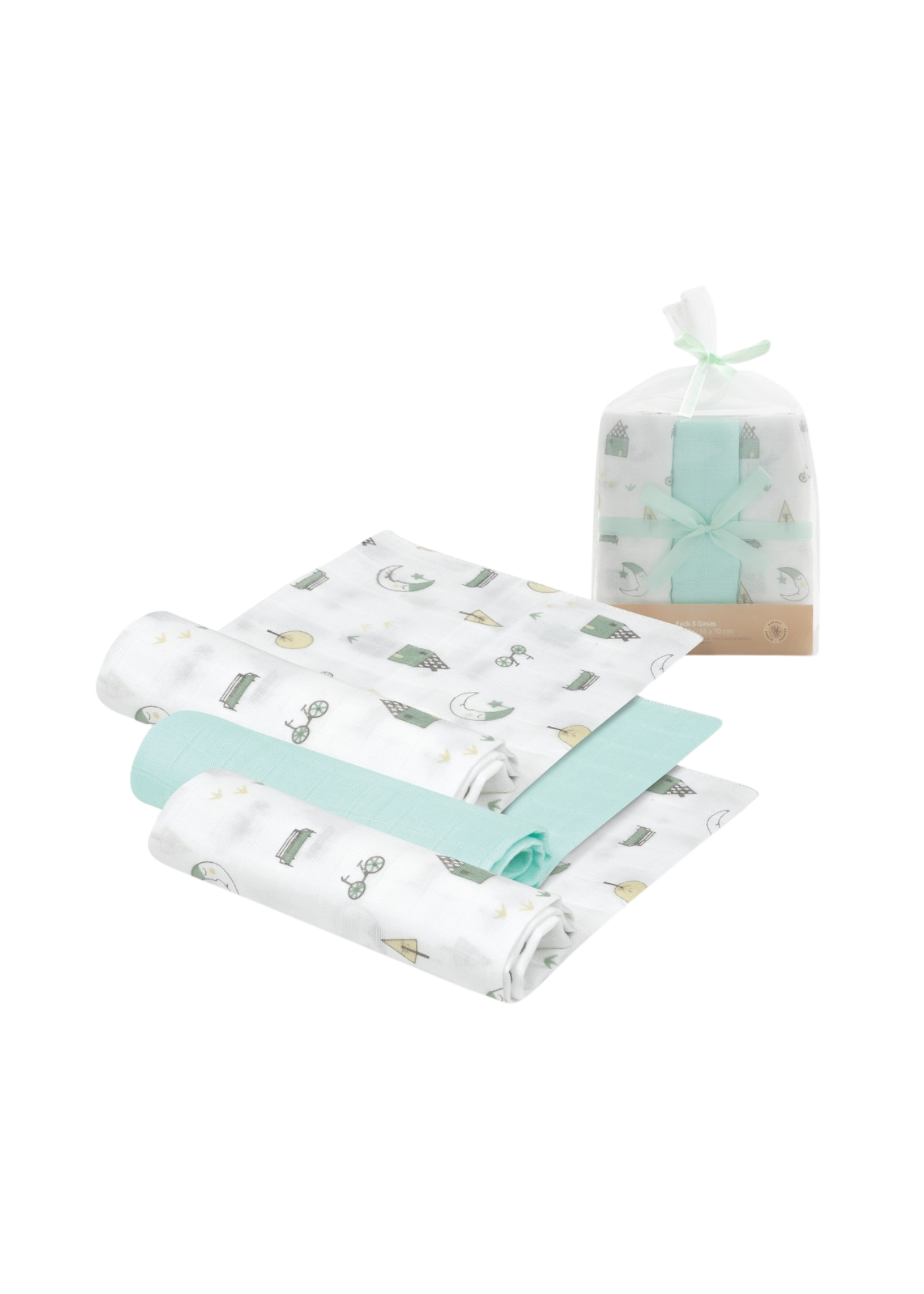 Set 3 Scutece Muselina Bambus Alb-Verde Menta Imprimeu Semiluna –55x70 cm 98976-58 InterBaby