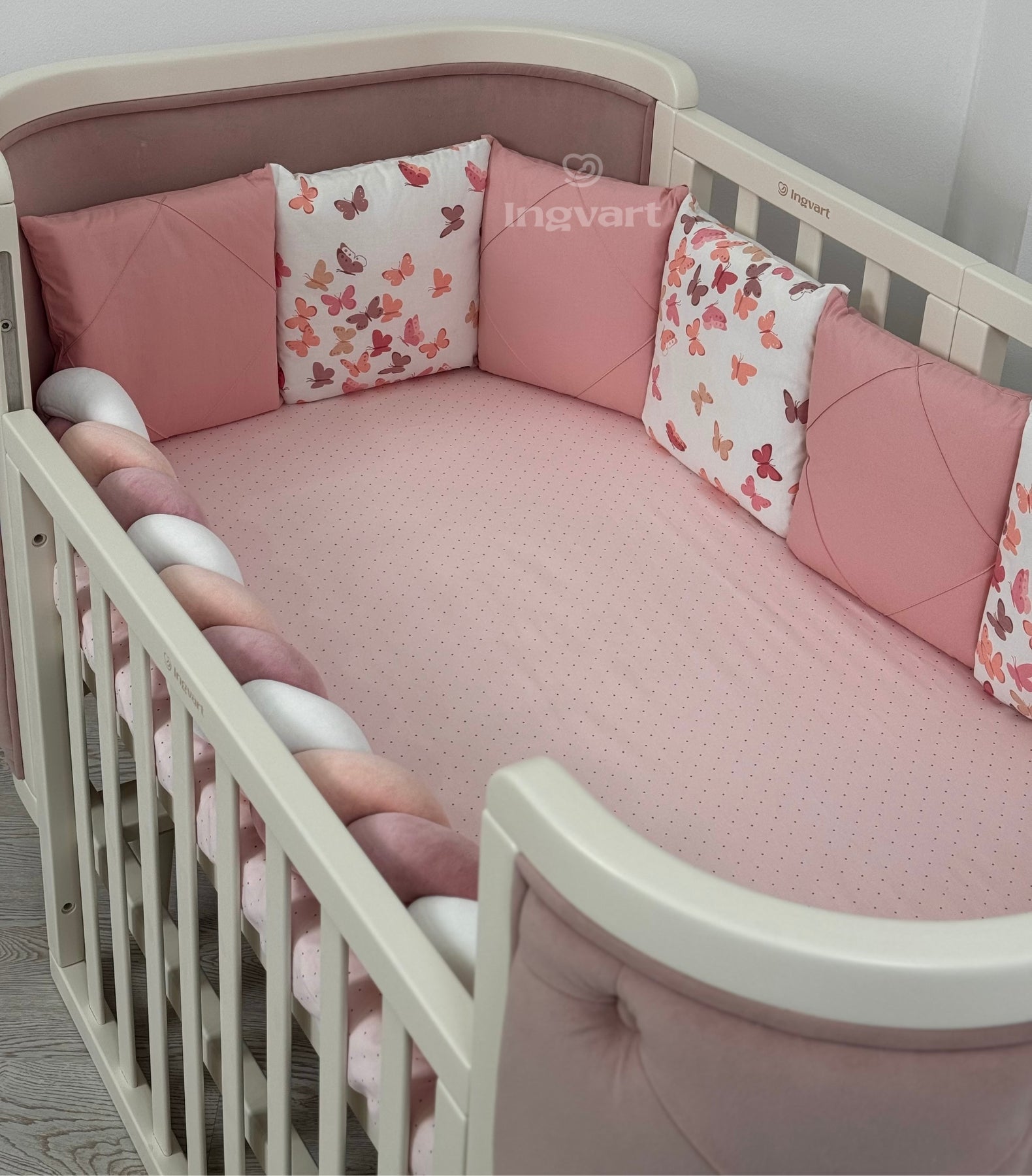 7-piece white crib bedding set with white and pink butterflies � 70x120 cm