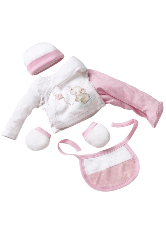 Set Nou Nascut 5 Piese Alb-Roz Imprimeu Elefant SET20 Interbaby
