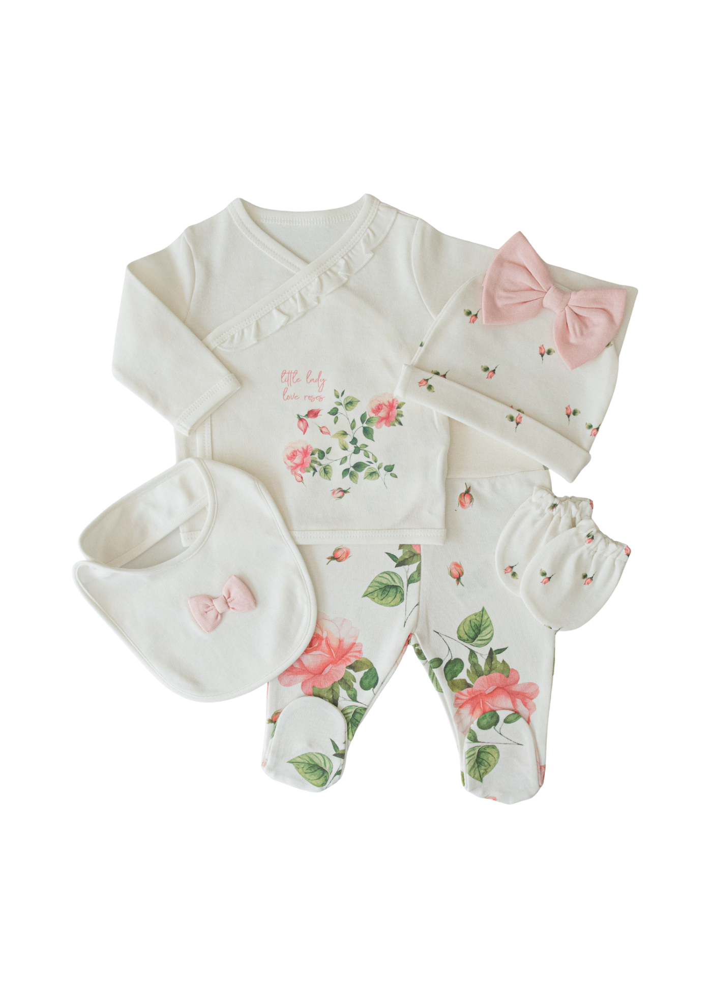 Set 5 Piese Nou Nascut din Bumbac Organic Crem cu Flori S60121 Kitikate