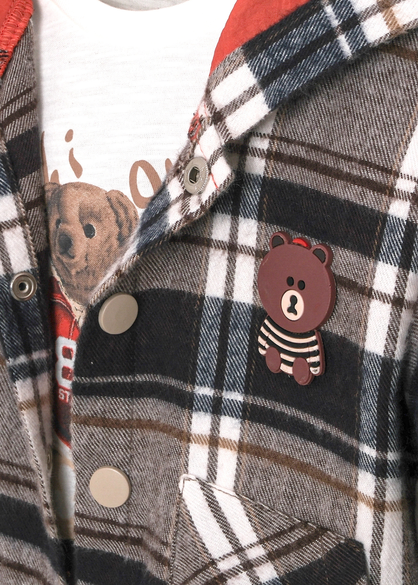 Set 3 Piese Camasa Stofa Carouri Bleumarin cu Bej, Pantaloni Lungi Bej si Bluza Crem 3744 Mino Baby