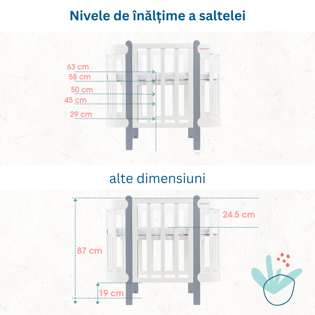 Patut Transformabil 5 in 1 Lemn Nika Alb-Cappuccino cu Bare Groase 60x95/120cm Ingvart