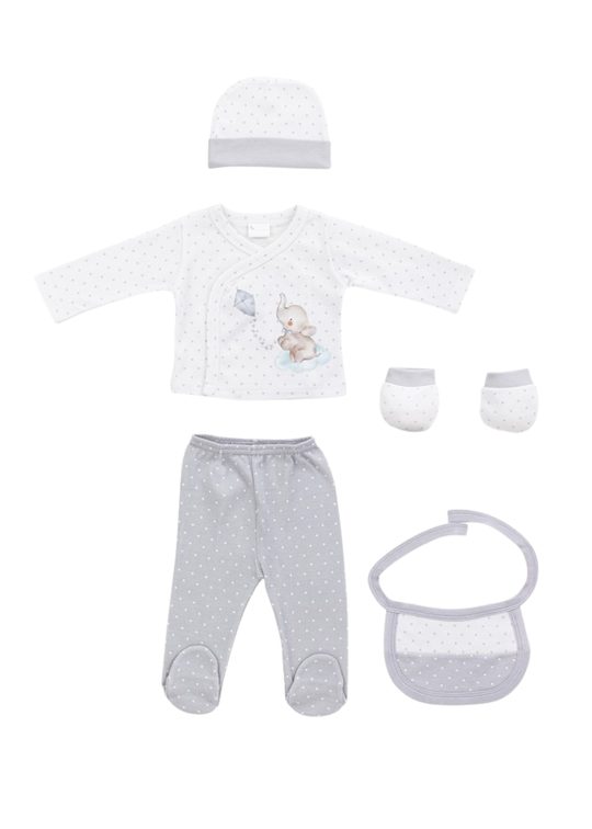 Set Nou Nascut 5 Piese Alb-Gri Imprimeu Elefant SET20 Interbaby