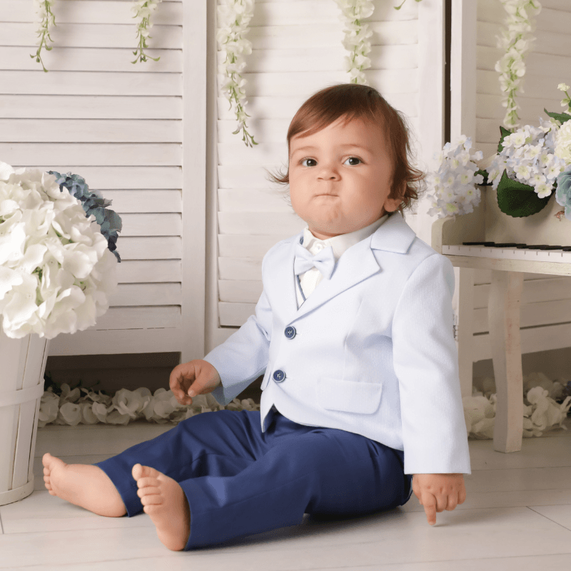 AnneBebe - Costum Elegant Baietei Octav Sacou Bleu Cu Picouri Vesta Alba AnneBebe