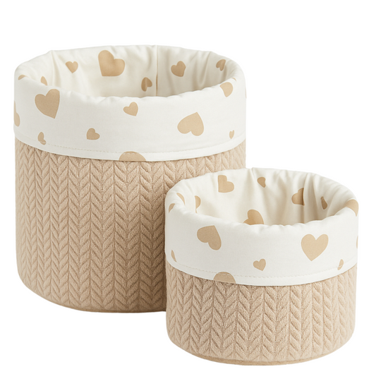 Set 2 Organizatoare Cosulete Albe cu Imprimeu Inimioare Bej Ingvart