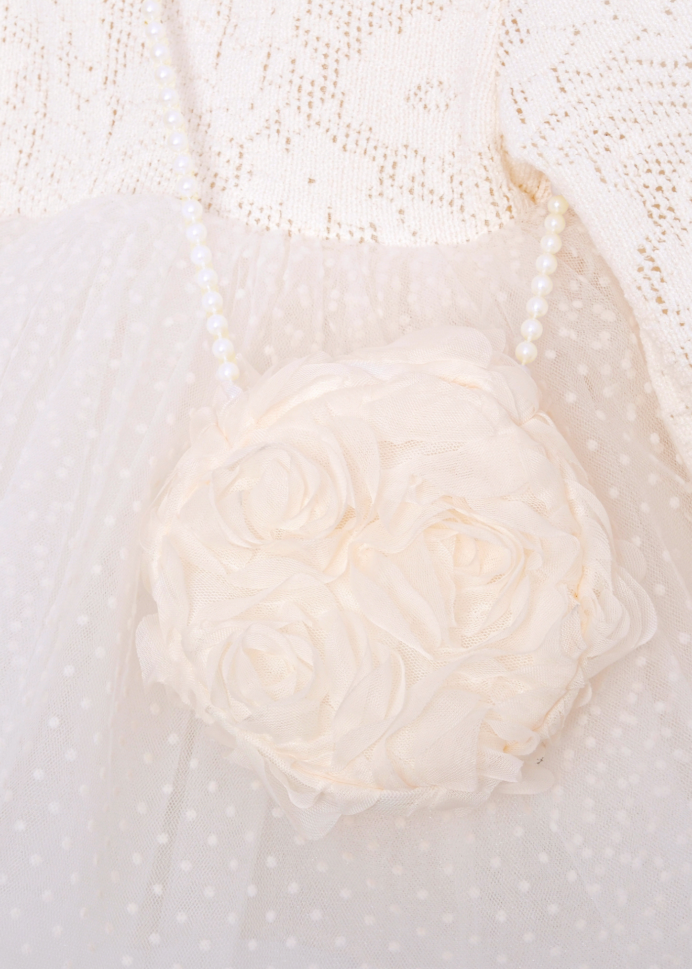 Rochie Crem cu Maneca Lunga Bust Dantela si Fusta Tulle cu Picouri cu Geanta MJ169 Mary & Joe