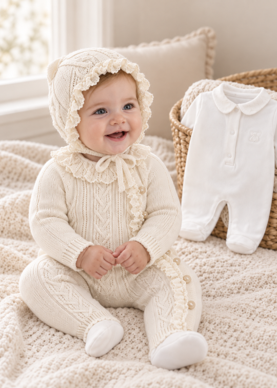 Set 3 Piese Tricotat Alb cu Lana Merinos pentru Fetite 9357 – Leo King