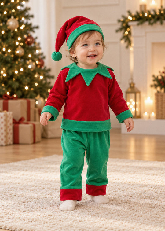 Costum de Elf cu Bluza Rosie si Pantalon Verde pentru Bebelusi Baieti – AnneBebe