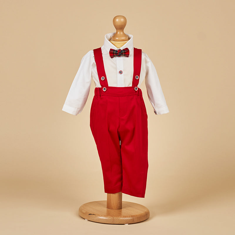 Costum Camasa Alba Pantalon Rosu cu Bretele si Papion AnneBebe - Camera Bebelusului