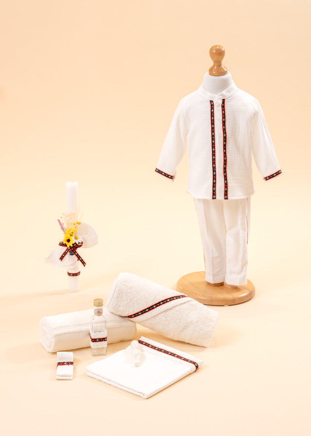 Set Botez Traditional 3 Piese, Costum, Trusou si Lumanare Personalizate AnneBebe