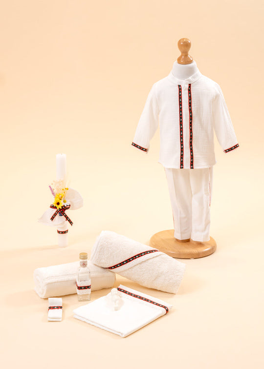 Set Botez Traditional Alb 3 Piese, Costum, Trusou si Lumanare Personalizate AnneBebe