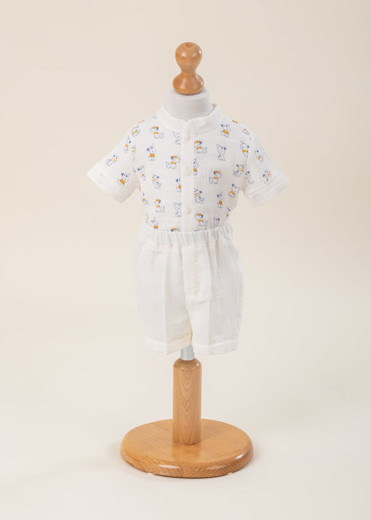 Costum Muselina Crem Camasa Cu Imprimeu Catelusi Si Pantaloni Crem AnneBebe