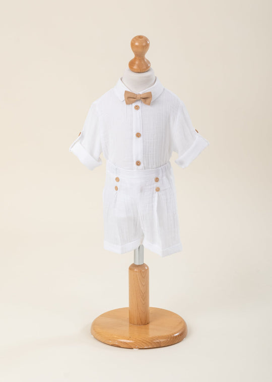 Costum Ryan Muselina Ivory Cu Nasturi Si Papion Maro AnneBebe