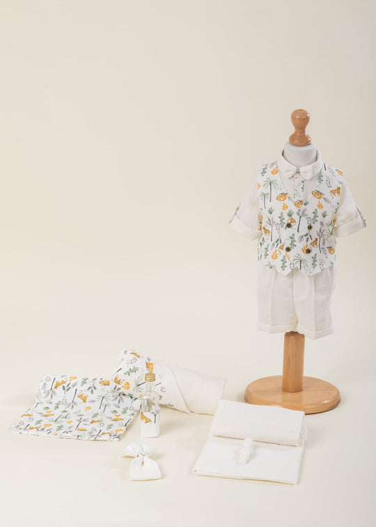 Set Botez 2 Piese, Costum Muselina Crem Cu Tigrii si Trusou Personalizat Botez AnneBebe