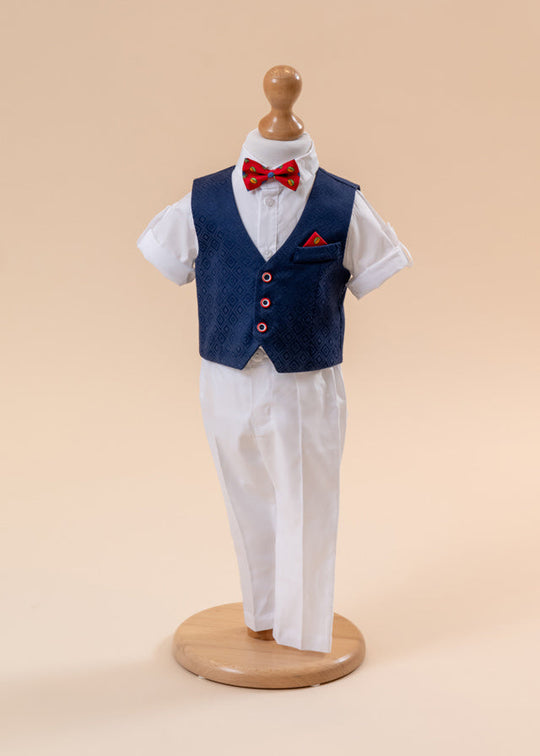 Costum Amos Elegant 4 Piese, Vesta Bleumarin Model Romb AnneBebe