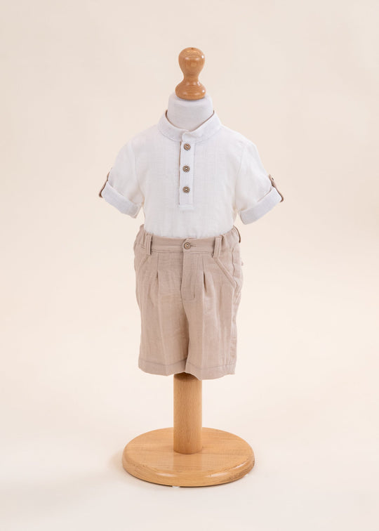 Costum Eduard Camasa Crem Cu Guler Cazacesc Si Pantalon Bej Din Muselina AnneBebe
