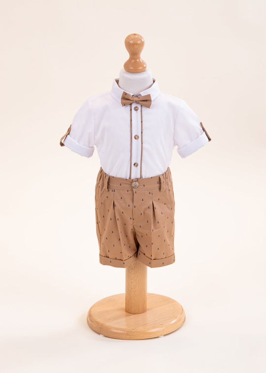 Costum Victor Camasa Crem Cu Cheder Bej Pantalon Scurt Bej Imprimeu Ancore AnneBebe