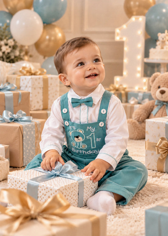 Costum Aniversar de 1 An cu Pantalon Vernil cu Cheder pentru Baieti – AnneBebe