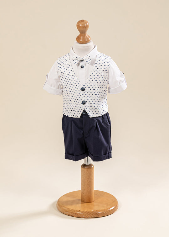 4-Piece Suit with Bow Print Vest and Navy Pants AnneBebe
