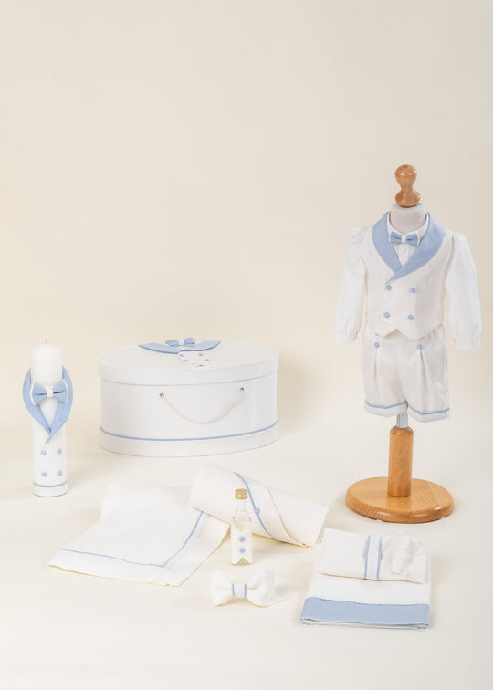Set Botez Rene 4 Piese, Costum, Trusou, Lumanare si Cufar Personalizat Botez AnneBebe
