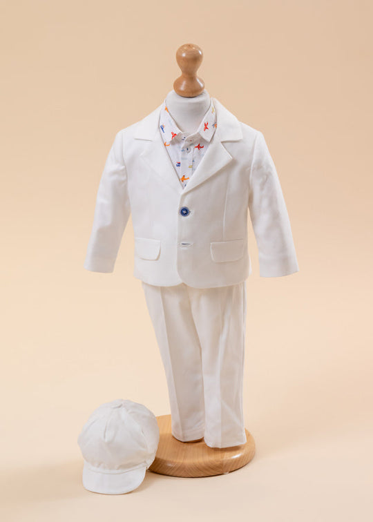 Evgeni Suit, Cream Jacket And Pants Airplane Print Shirt And AnneBebe Beanie