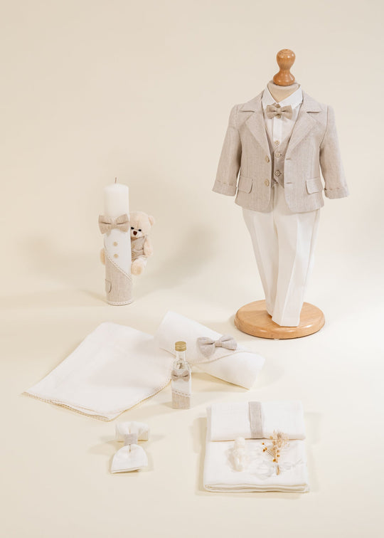 Set Botez Mathias 3 Piese, Costum, Trusou si Lumanare Personalizat Botez AnneBebe