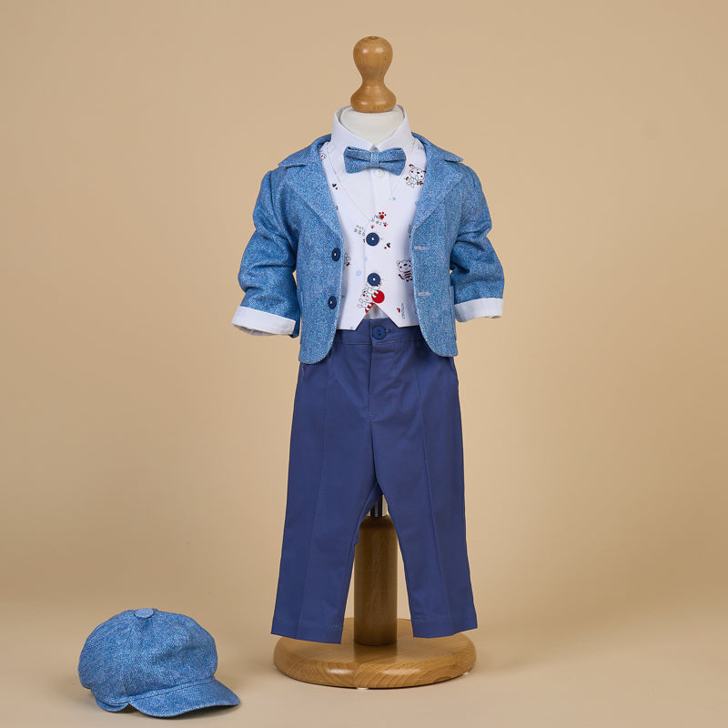 Costum Elegant 6 Piese Albastru Bumbac Imprimeu Rosu AnneBebe - Camera Bebelusului