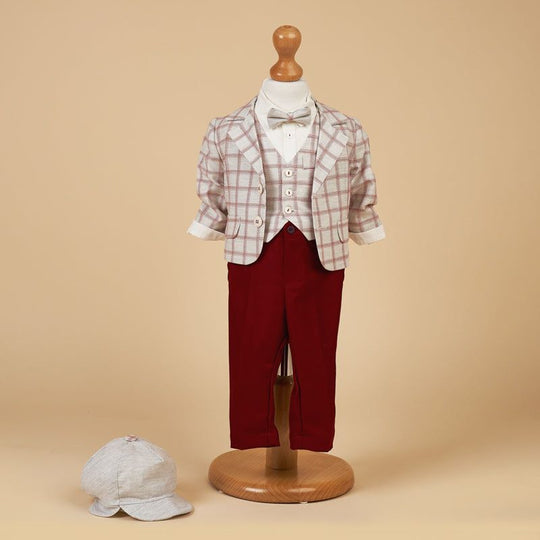 Costum Elegant 6 Piese Gri Rosu Bumbac Cain Carouri Grena AnneBebe