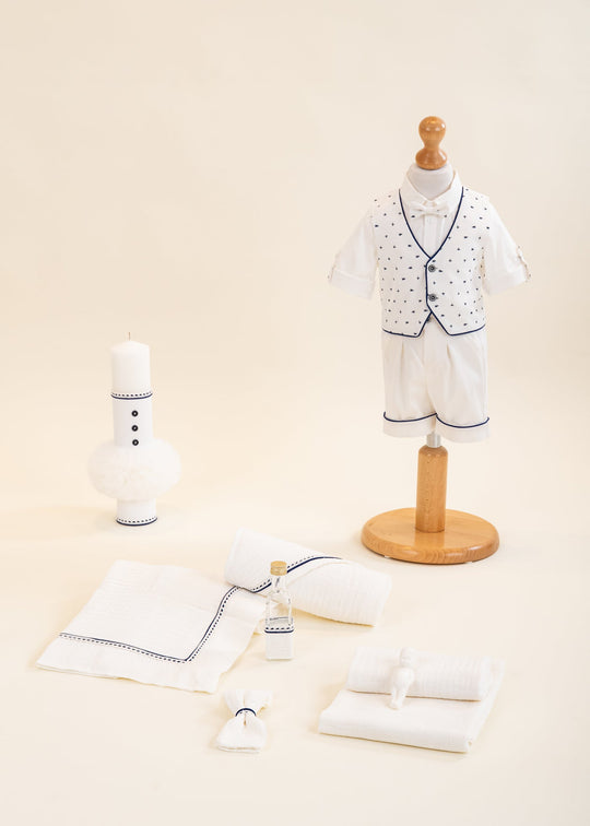Mihai Christening Set 3 Pieces Suit, Christening Essentials, and Personalized Christening Candle AnneBebe