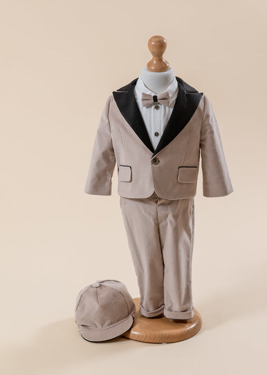 Elegant George Striped Beige Suit with Black Satin Collar AnneBebe