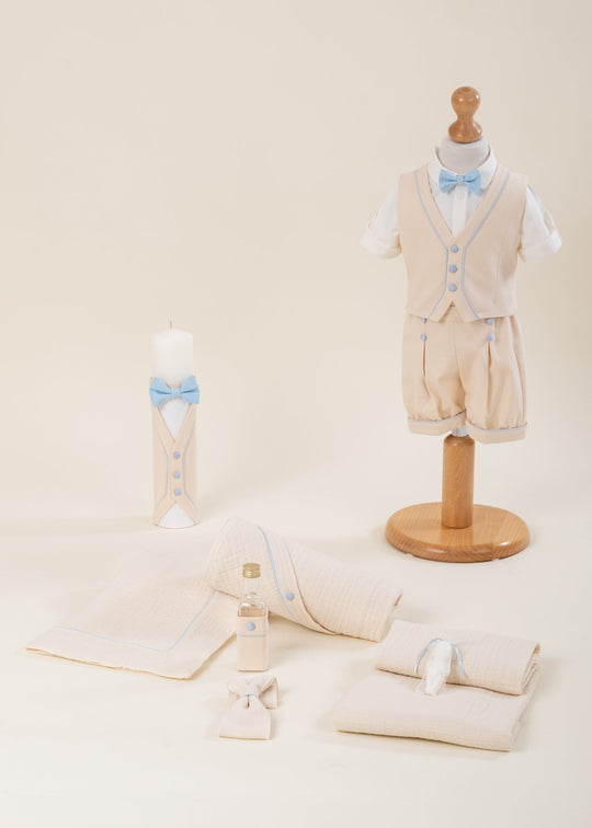 Set Botez Kevin 3 Piese, Costum, Trusou si Lumanare Personalizat Botez AnneBebe
