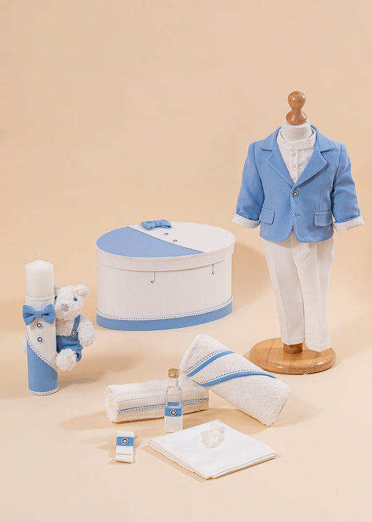 Set Botez Toma 4 Piese, Costum, Trusou, Lumanare si Cufar Personalizat Botez AnneBebe