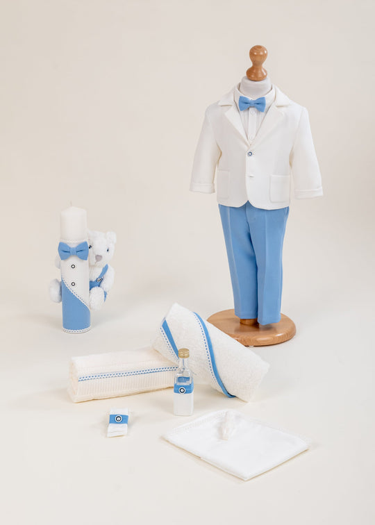 Set Botez Amza 3 Piese, Costum, Trusou si Lumanare Personalizat Botez AnneBebe