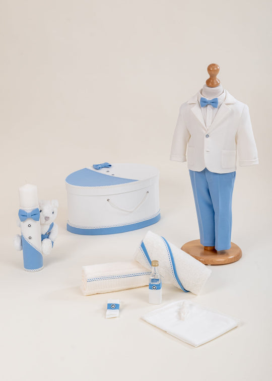 Set Botez Amza 4 Piese, Costum, Trusou, Lumanare si Cufar Personalizat Botez AnneBebe