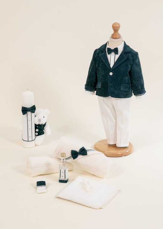 Set Botez Sabin 3 Piese, Costum, Trusou si Lumanare Personalizat Botez AnneBebe