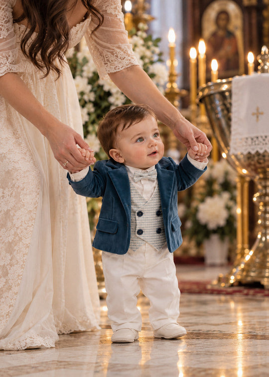 Costum de Botez cu Sacou din Catifea, Vesta cu Picouri Bleu si Pantalon Crem pentru Baieti – AnneBebe