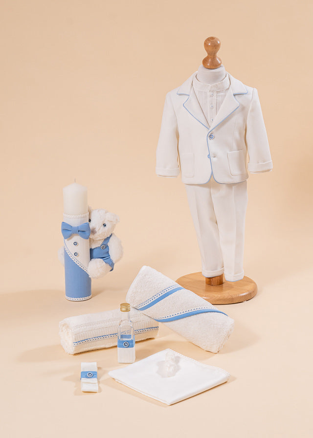 Set Botez Sebastian 3 Piese, Costum, Trusou si Lumanare Personalizat Botez AnneBebe