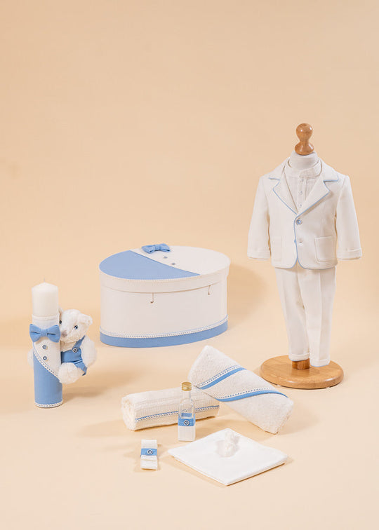 Set Botez Sebastian 4 Piese, Costum, Trusou, Lumanare si Cufar Personalizat Botez AnneBebe