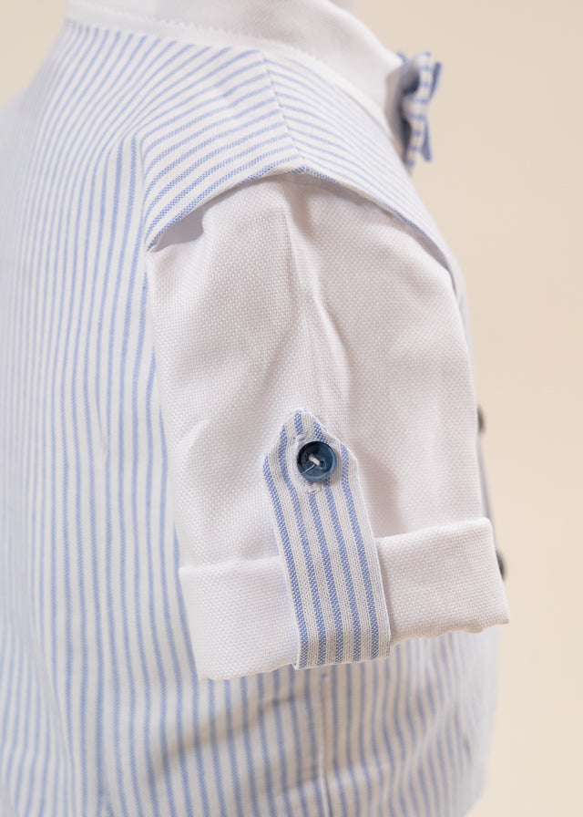 Costum Mike Sacou Bleu Vesta Crem Cu Dungi Bleu