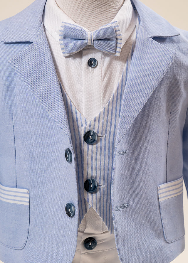 Costum Mike Sacou Bleu Vesta Crem Cu Dungi Bleu