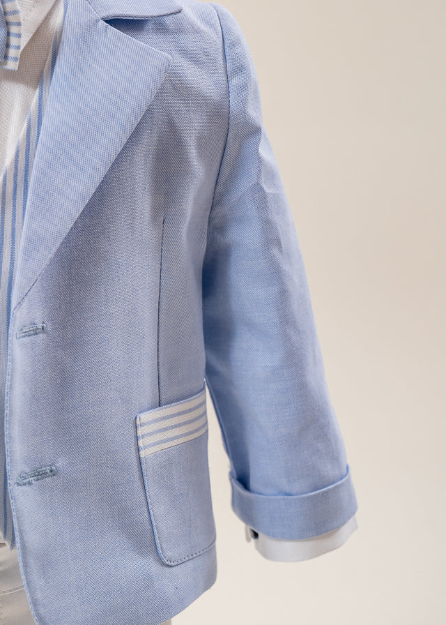 Costum Mike Sacou Bleu Vesta Crem Cu Dungi Bleu