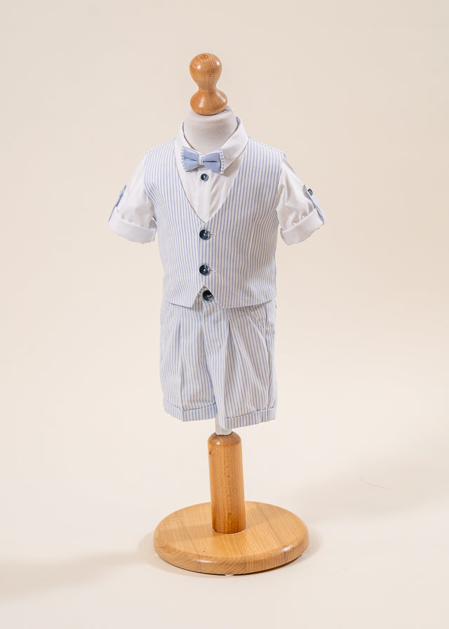 Costum Mike Sacou Bleu Vesta Crem Cu Dungi Bleu