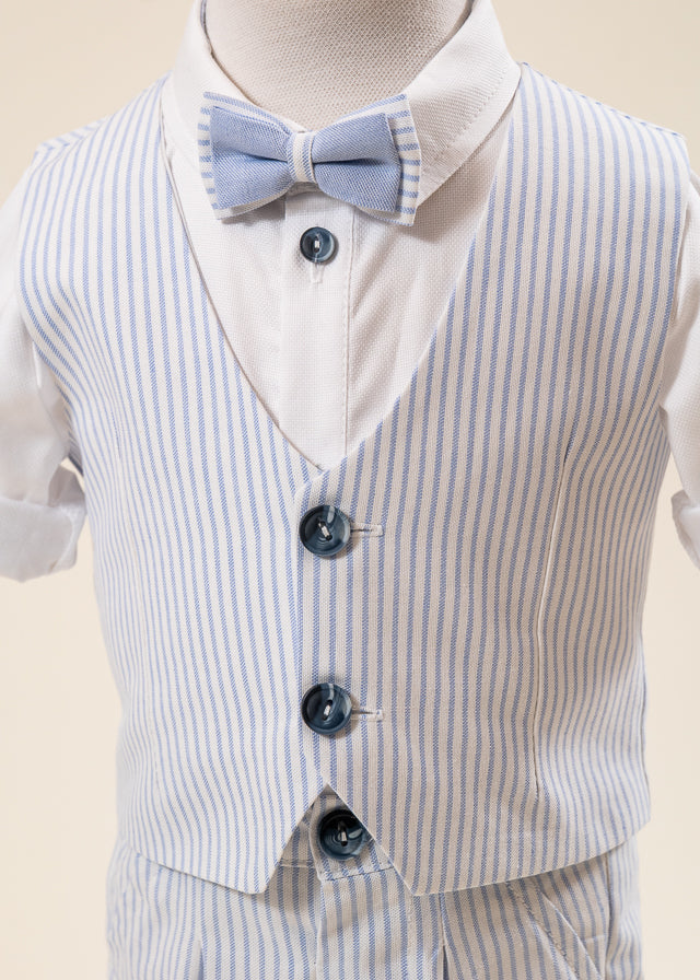 Costum Mike Sacou Bleu Vesta Crem Cu Dungi Bleu