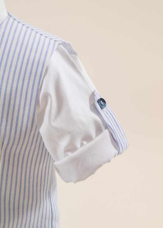 Costum Mike Sacou Bleu Vesta Crem Cu Dungi Bleu