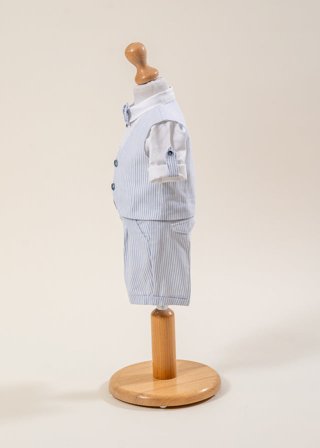 Costum Mike Sacou Bleu Vesta Crem Cu Dungi Bleu