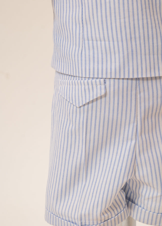 Costum Mike Sacou Bleu Vesta Crem Cu Dungi Bleu