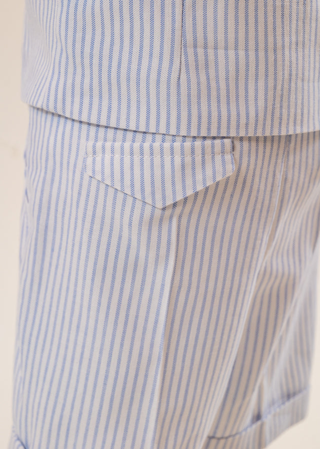 Costum Mike Sacou Bleu Vesta Crem Cu Dungi Bleu