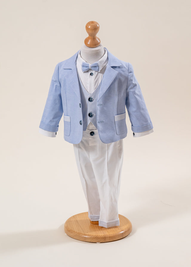 Costum Mike Sacou Bleu Vesta Crem Cu Dungi Bleu