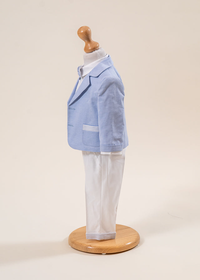 Costum Mike Sacou Bleu Vesta Crem Cu Dungi Bleu