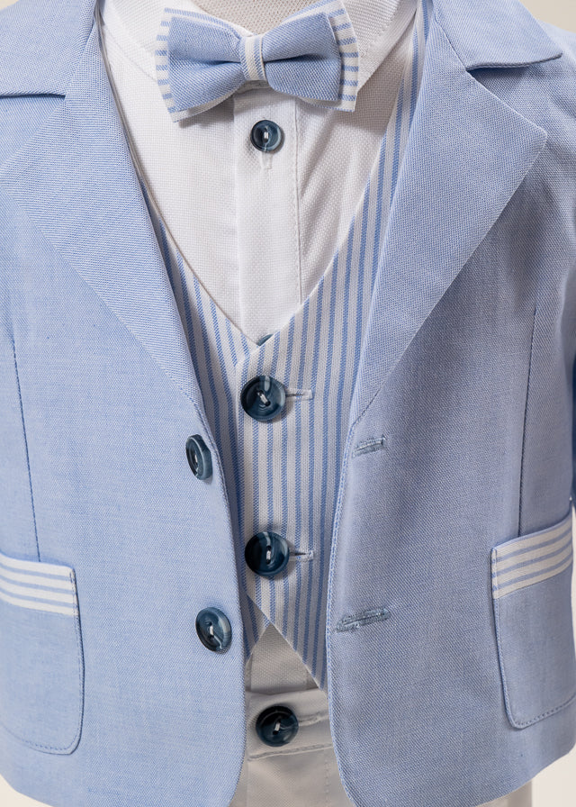 Costum Mike Sacou Bleu Vesta Crem Cu Dungi Bleu